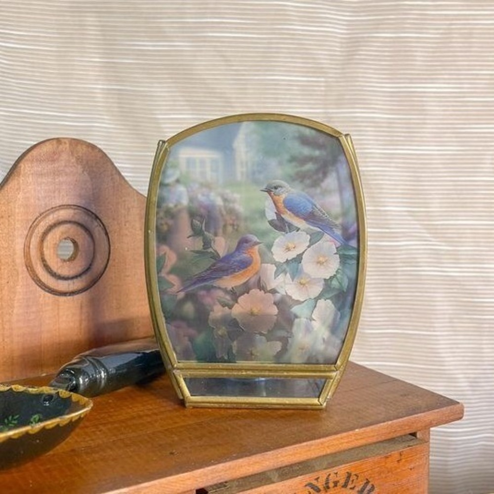 Vintage Brass and Glass Enesco Bird Scene Tea Light Candle Holder - Picture 1 of 2